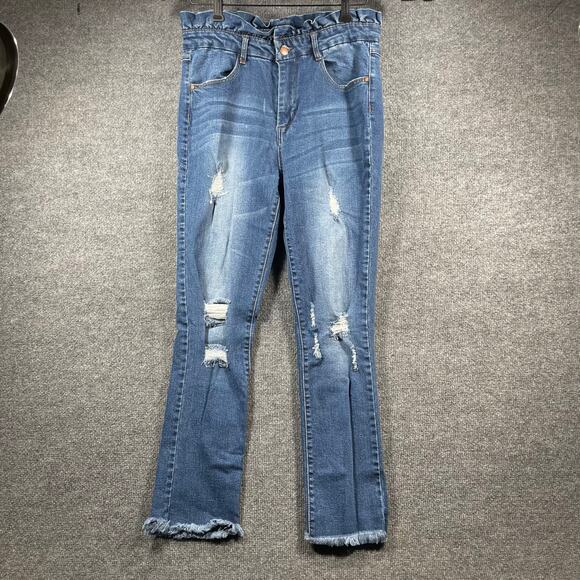 C'est Toi Jeans Women's 13 Blue Denim Cropped Ruffle Top High Rise Raw Hem - Picture 1 of 10